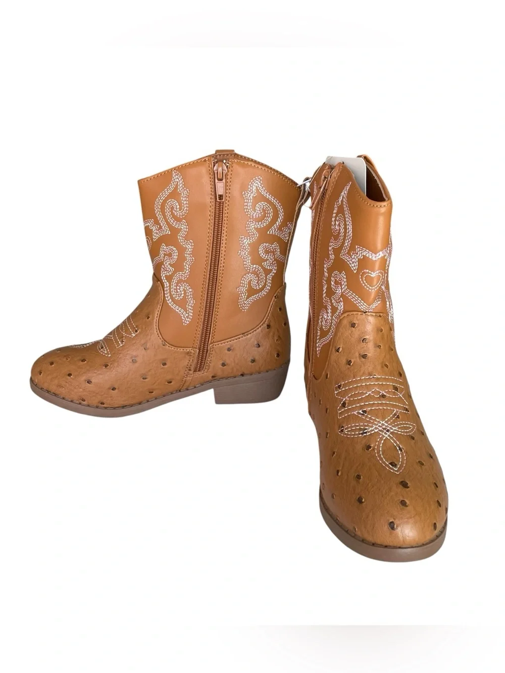 PAWZ Cognac Brown Western Boots Faux Leather and Ostrich Little Girl Size 3